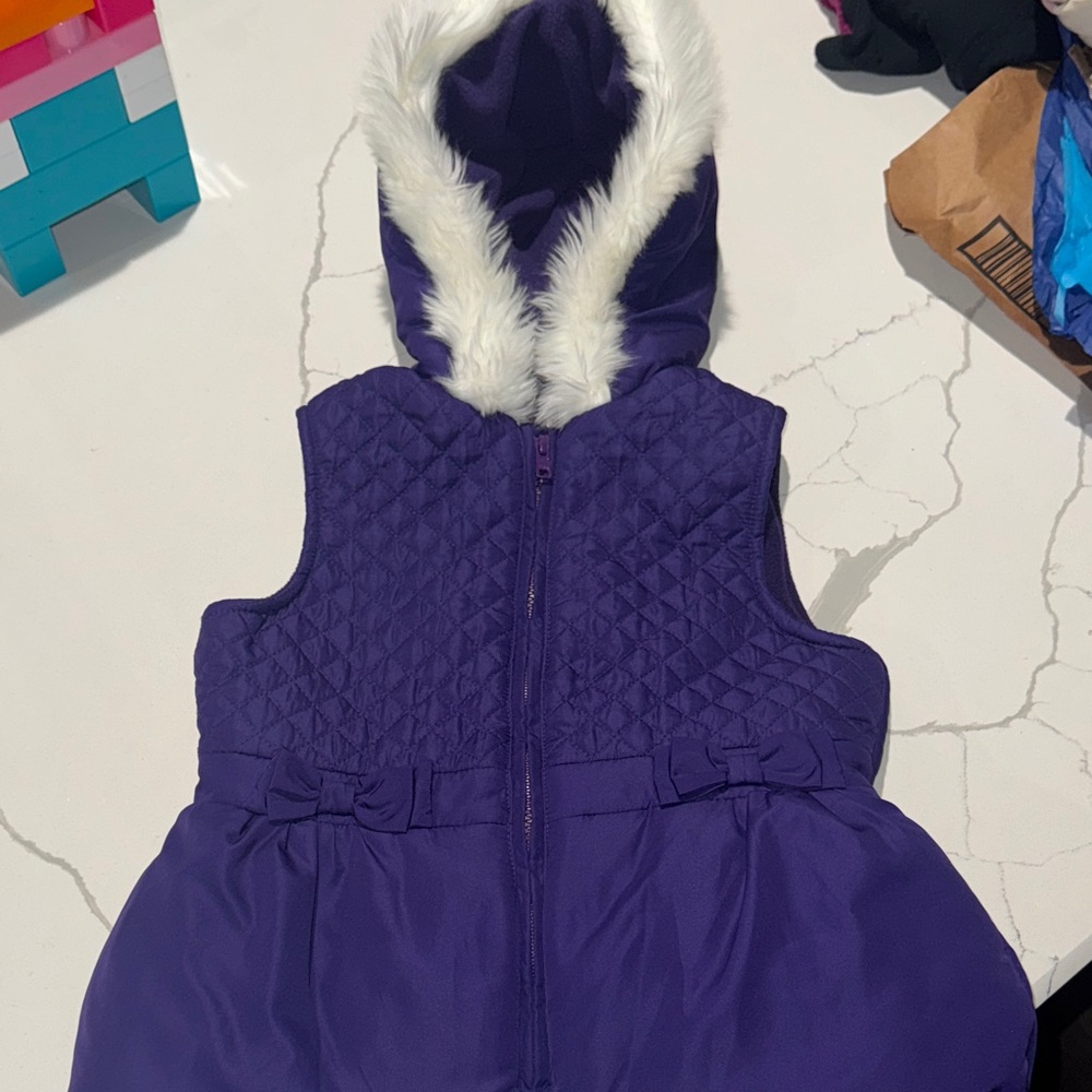 Gymboree Girls Purple Quilted Vest White Fur Hood Zip Up S 5-6 Winter